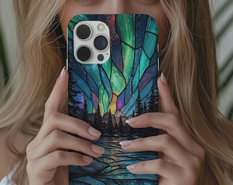 Stained Glass Aurora Borealis MagSafe iPhone Case, Art Landscape Cover