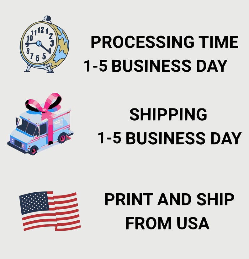 May include: Image with text: "PROCESSING TIME 1-5 BUSINESS DAY", "SHIPPING 1-5 BUSINESS DAY", and "PRINT AND SHIP FROM USA". Includes a clock, a delivery truck with a pink bow, and the American flag.
