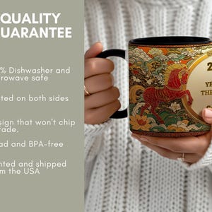 May include: A black-handled mug with a colorful design featuring a red horse, flowers, and clouds. The mug has text that reads "2 YE THE". The mug is printed on both sides and is dishwasher and microwave safe.