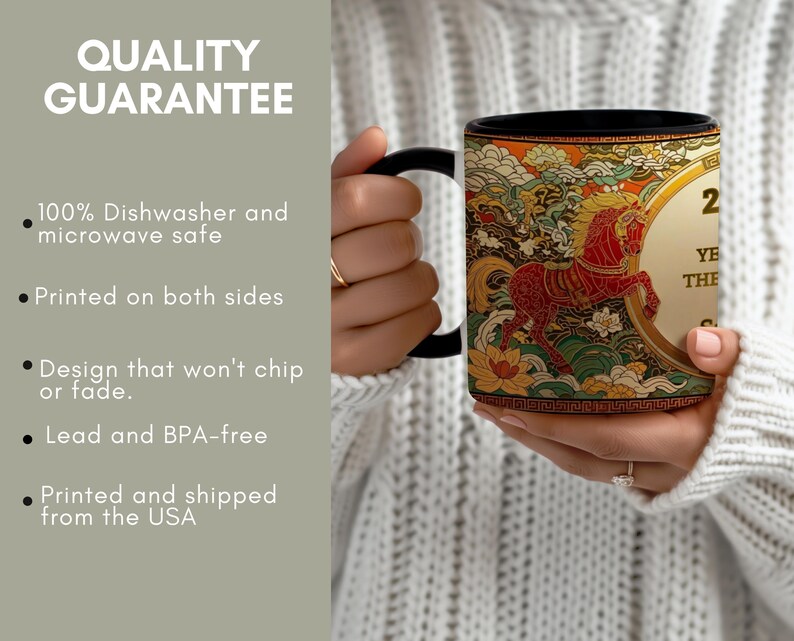 May include: A black-handled mug with a colorful design featuring a red horse, flowers, and clouds. The mug has text that reads "2 YE THE". The mug is printed on both sides and is dishwasher and microwave safe.