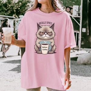 Funny Cat Coffee Lover Shirt, Grumpy animal Tee, Women Humor Top, Gift for Cat Lovers, Coffee Addict Shirt, Unique Pet Apparel