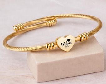 Personalized Graduation Cuff Bracelet, Class of 2026 Heart Charm, Surgical Steel Bangle