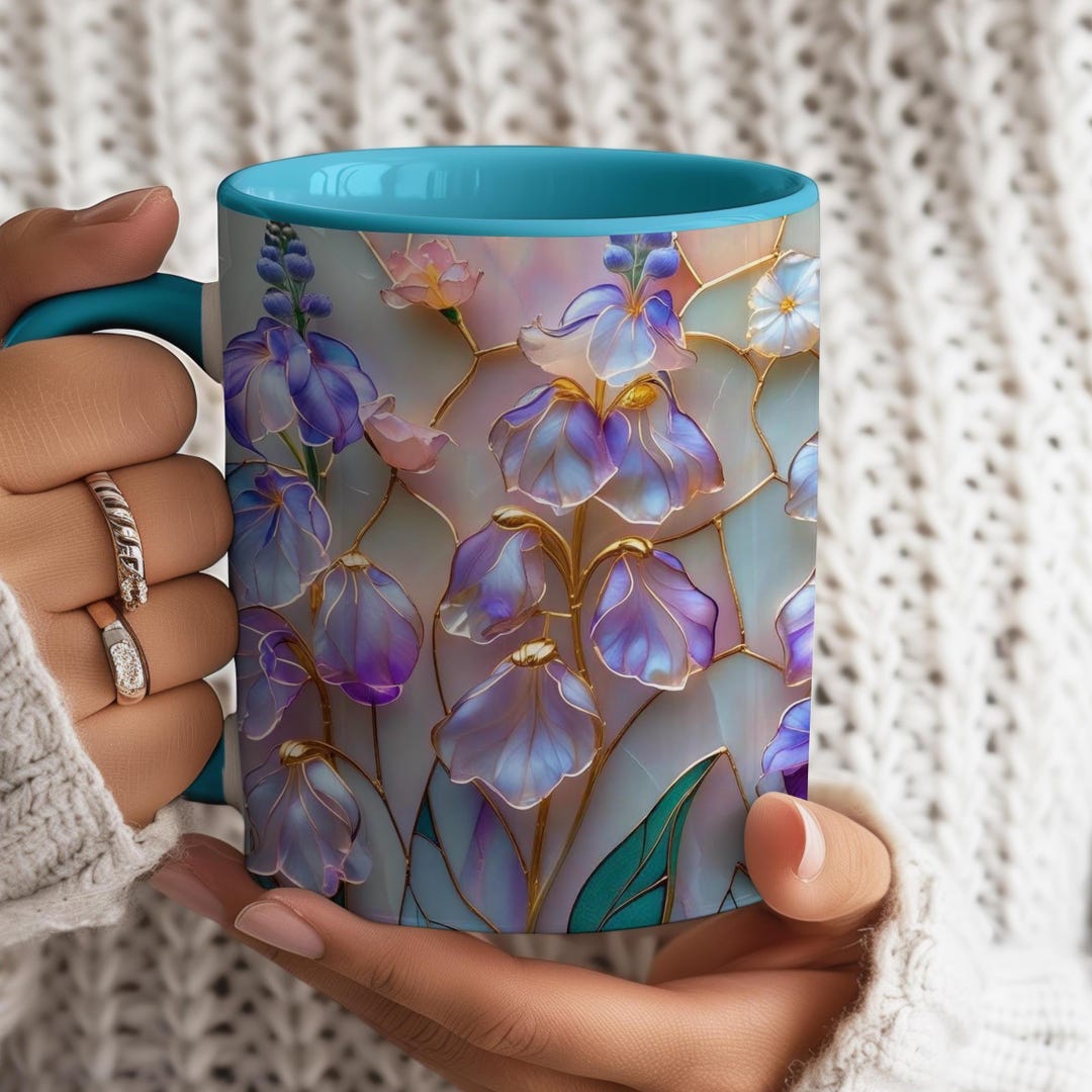 July Birth Flower Larkspur Mug, Iridescent Stained Glass Floral Coffee Cup, Personalized B