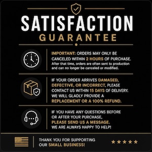 以下が含まれることがあります： SATISFACTION GUARANTEEと書かれた黒い背景のインフォグラフィック。金と白の文字で、2時間以内の注文キャンセル、15日以内の破損報告、問い合わせ方法が記載されており、アメリカ国旗のアイコンが表示されています。