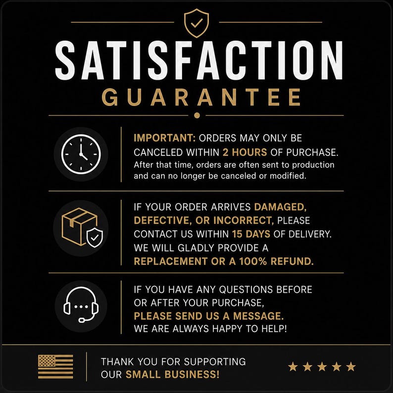以下が含まれることがあります： SATISFACTION GUARANTEEと書かれた黒い背景のインフォグラフィック。金と白の文字で、2時間以内の注文キャンセル、15日以内の破損報告、問い合わせ方法が記載されており、アメリカ国旗のアイコンが表示されています。
