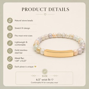 May include: A stretch bracelet featuring natural stone beads in soft pastel tones and a gold stainless steel bar. The metal bar measures 1.34 inches by 0.22 inches, and the bracelet is designed for a 6.5-inch wrist fit.