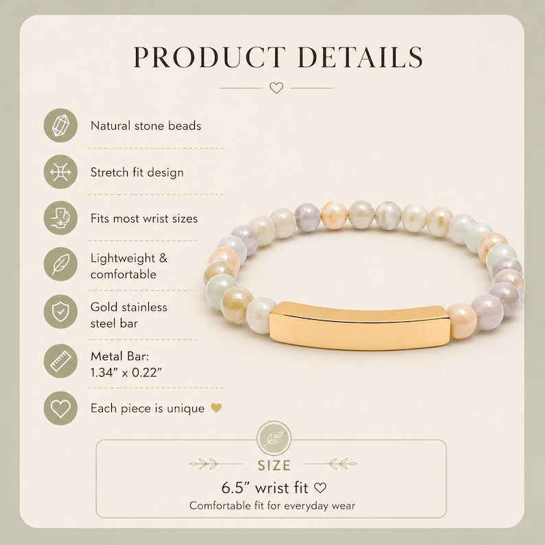 May include: A stretch bracelet featuring natural stone beads in soft pastel tones and a gold stainless steel bar. The metal bar measures 1.34 inches by 0.22 inches, and the bracelet is designed for a 6.5-inch wrist fit.