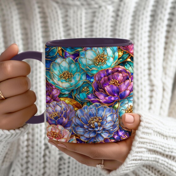 Floral Stained Glass Coffee Mug, Elegant Flower Art