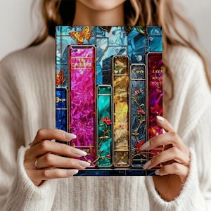 May include: A decorative panel featuring a colorful, artistic depiction of books. The books have vibrant hues of blue, pink, green, and gold, with floral and butterfly accents. The panel has the text "CAIBERE", "OTAL WAVES", and "LAXA ROOP TOUT".