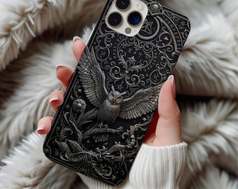 Gothic Embossed Owl Phone Case, Metal Effect Design