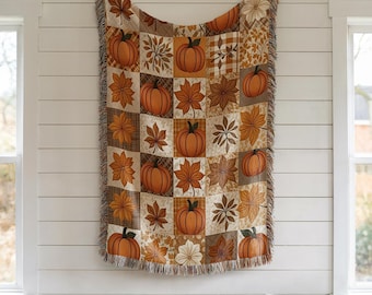 Pumpkin Patch Cotton Woven Blanket: Fall Fringe Throw Tapestry