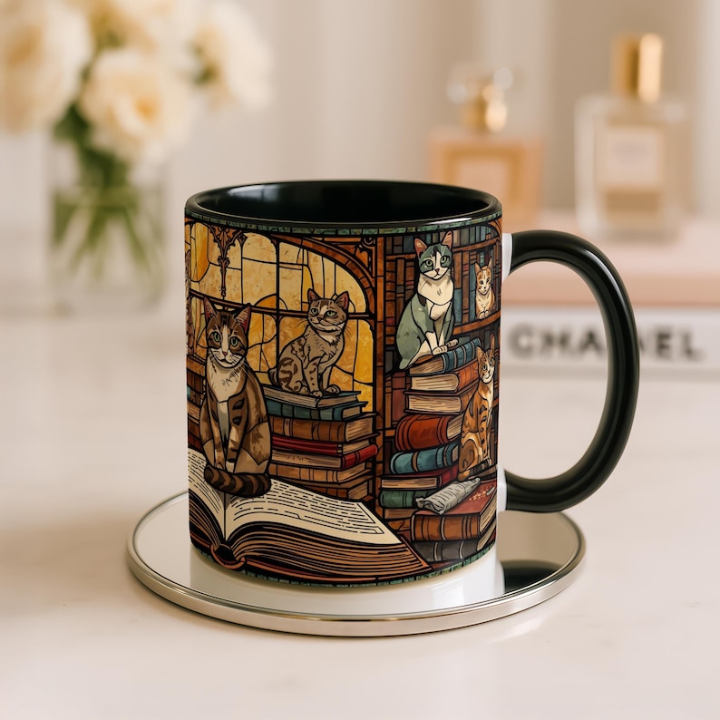 Stained Glass Cat Bookish Mug, Literary Coffee Cup immagine 1