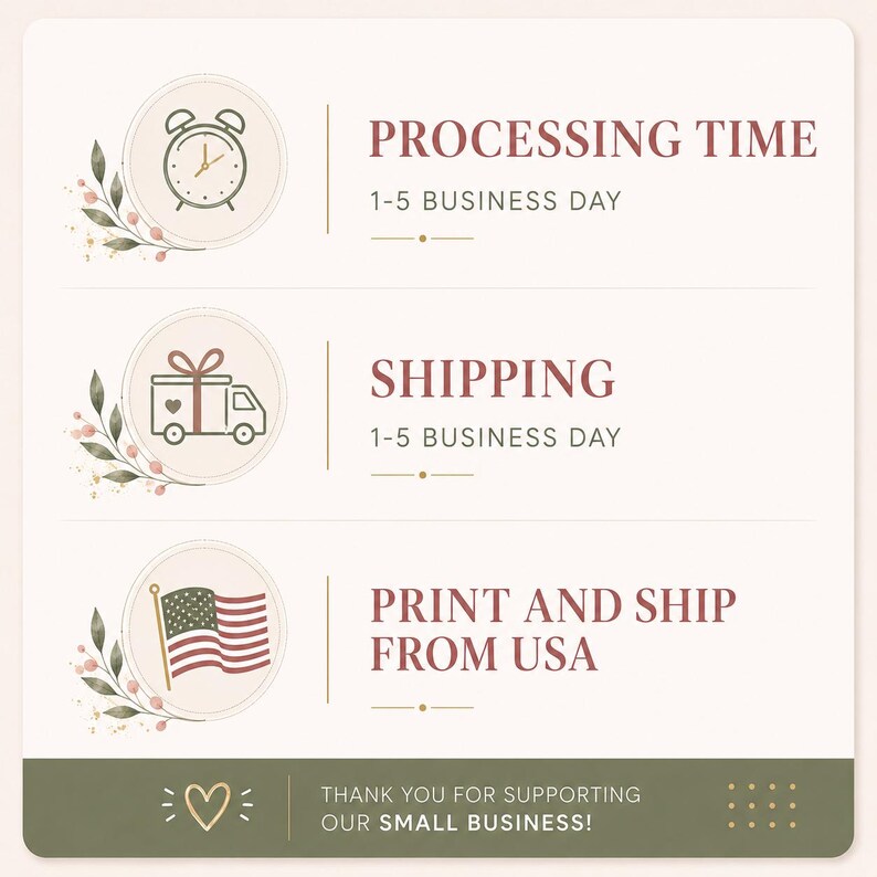 Peut inclure: Un graphique informatif carr&eacute; sur fond cr&egrave;me avec trois ic&ocirc;nes circulaires et des motifs floraux. Le texte indique : PROCESSING TIME 1-5 BUSINESS DAY, SHIPPING 1-5 BUSINESS DAY, PRINT AND SHIP FROM USA, et THANK YOU FOR SUPPORTING OUR SMALL BUSINESS!