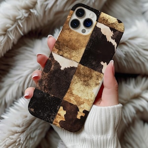 Cowhide Patchwork Phone Case | Western Brown & Cream Cover