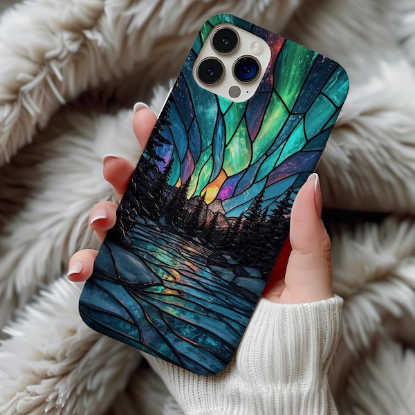 Stained Glass Northern Lights iPhone Case | Aurora Borealis Forest