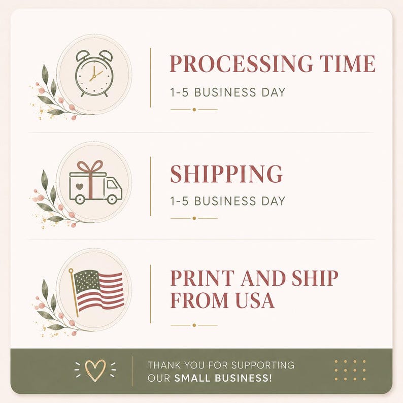 May include: A square informational graphic with a cream background and dark green footer. It features three circular icons: an alarm clock, a delivery truck, and a USA flag. Text includes PROCESSING TIME 1-5 BUSINESS DAY, SHIPPING 1-5 BUSINESS DAY, PRINT AND SHIP FROM USA, and THANK YOU FOR SUPPORTING OUR SMALL BUSINESS.