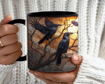 Stained Glass Raven Coffee Mug, Gothic Witchy Bird Art