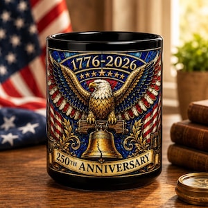 1776-2026 America 250th Anniversary Mug, We The People Patriotic Mug, USA Coffee Cup, Black Dad Gift, Stained Glass Effect 15oz Mug All Black