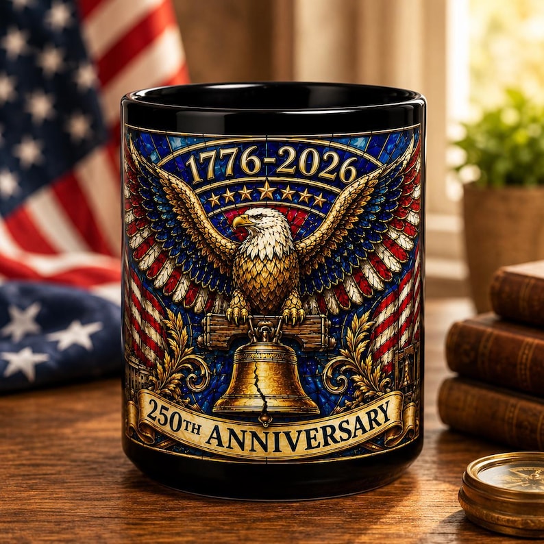 1776-2026 America 250th Anniversary Mug, We The People Patriotic Mug, USA Coffee Cup, Black Dad Gift, Stained Glass Effect 15oz Mug All Black