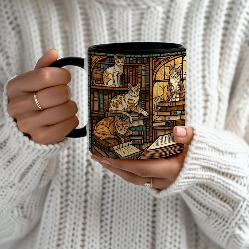Stained Glass Cat Bookish Mug, Literary Coffee Cup immagine 5