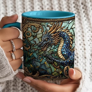 Dragon Stained Glass Art Coffee Mug, Fantasy Bookish Cup image 2