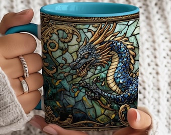 Dragon Stained Glass Art Coffee Mug, Fantasy Bookish Cup