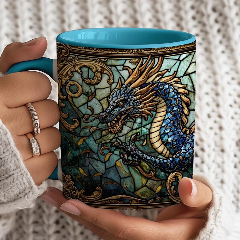 Dragon Stained Glass Art Coffee Mug, Fantasy Bookish Cup image 2