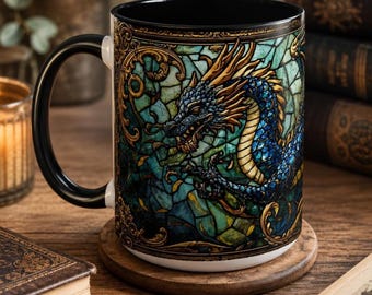 Dragon Stained Glass Art Coffee Mug, Fantasy Bookish Cup