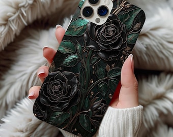 Stained Glass Black Rose iPhone Case, Gothic Floral Art, Glossy Finish