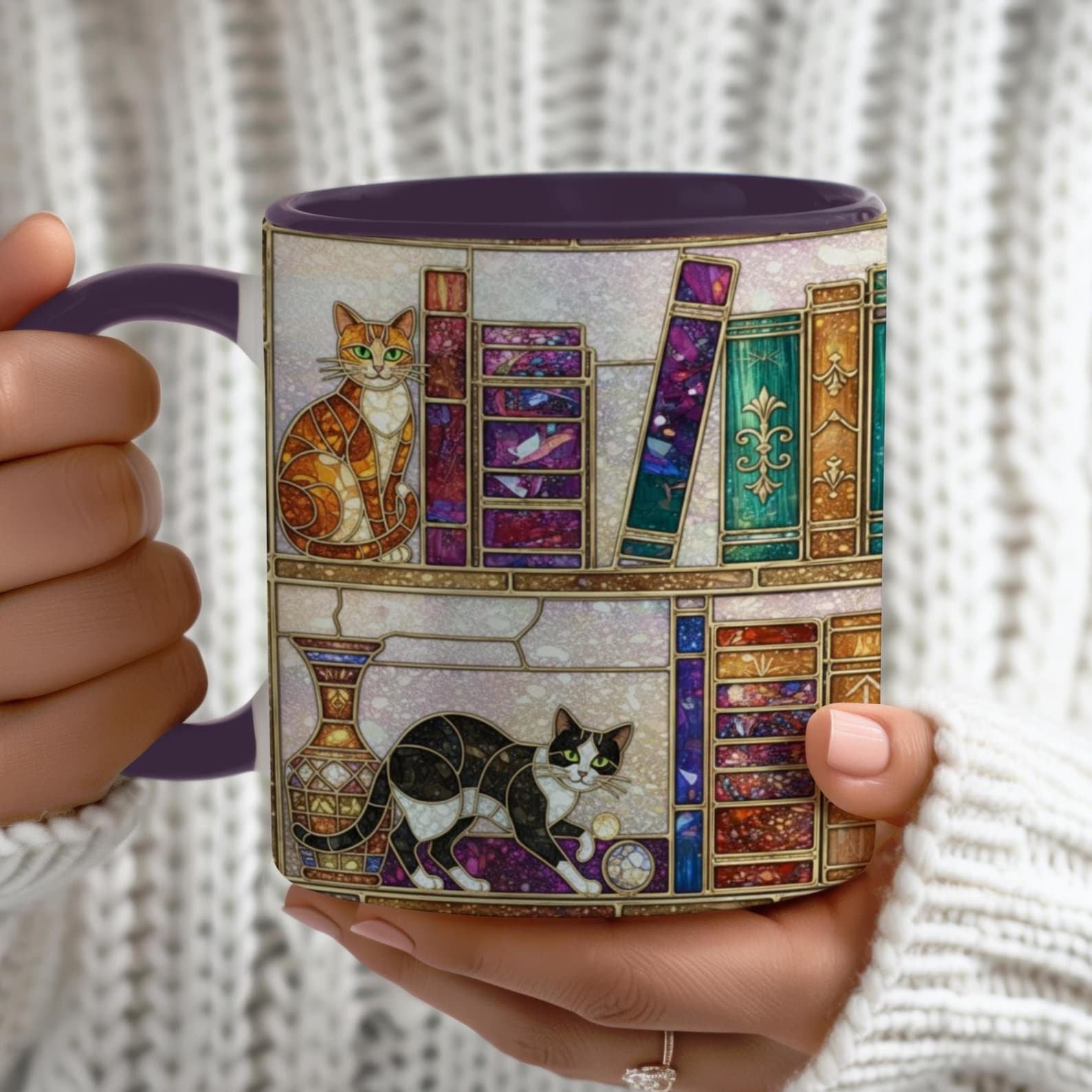 Stained Glass Look Cats and Books Coffee Mug