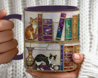 Stained Glass Cats and Books Coffee Mug, custom name Book Lover Gift.