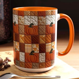 Autumn Pumpkin Mug: Rustic Patchwork Thanksgiving Coffee Cup