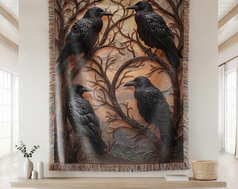 Gothic Raven Woven Tapestry Blanket, Dark Academia Decor
