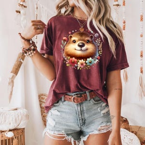 Capybara Tee with Whimsical Cottagecore Design, Cute Animal Lover Shirt, Soft Casual Graphic Tee for Nature Fans