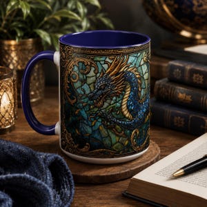 May include: A ceramic mug with a deep blue interior and handle, featuring a wrap-around graphic design that mimics a stained glass window. The artwork displays a detailed blue and gold dragon surrounded by intricate, ornate gold filigree borders.
