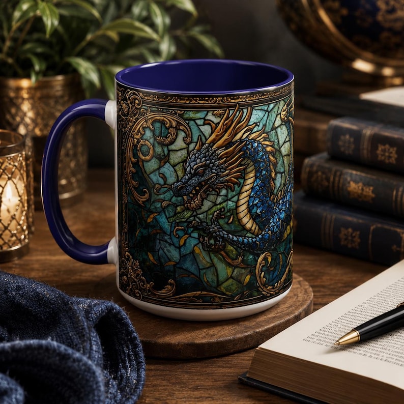 May include: A ceramic mug with a deep blue interior and handle, featuring a wrap-around graphic design that mimics a stained glass window. The artwork displays a detailed blue and gold dragon surrounded by intricate, ornate gold filigree borders.