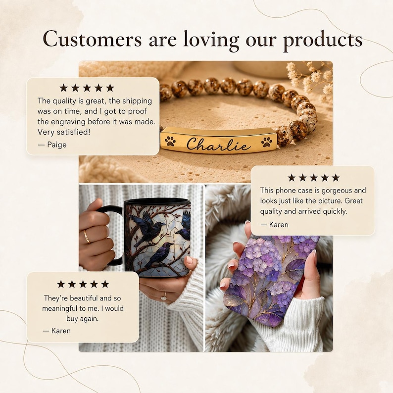 May include: A collage featuring a beaded bracelet with a gold-toned bar engraved with the name Charlie and paw prints, a black mug with a crow and branch design, and a phone case decorated with a purple hydrangea floral pattern.