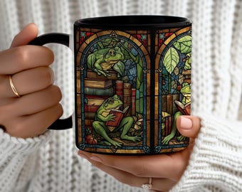 Bookish Frog Stained Glass Mug, Dark Academia Reading Frogs Coffee Mug