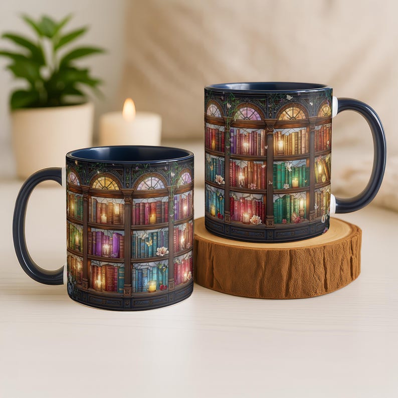 Peut inclure: Deux tasses en c&eacute;ramique pr&eacute;sentant une impression panoramique d'une biblioth&egrave;que &agrave; plusieurs niveaux remplie de livres color&eacute;s, de bougies allum&eacute;es et de petites fleurs blanches. Les tasses ont un int&eacute;rieur et une anse bleu fonc&eacute;.