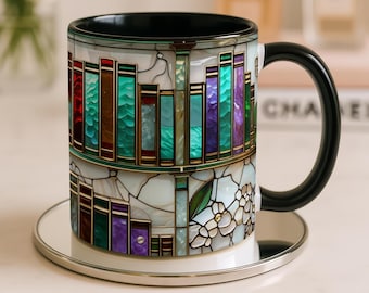 Stained Glass Bookshelf Mug, Cozy Reader Floral Coffee Cup, Gift for Book Lovers