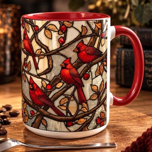 May include: A ceramic mug featuring a stained glass style pattern of bright red cardinal birds perched on brown tree branches with orange leaves and small red berries. The mug has a solid red interior and a matching red handle on the right side.