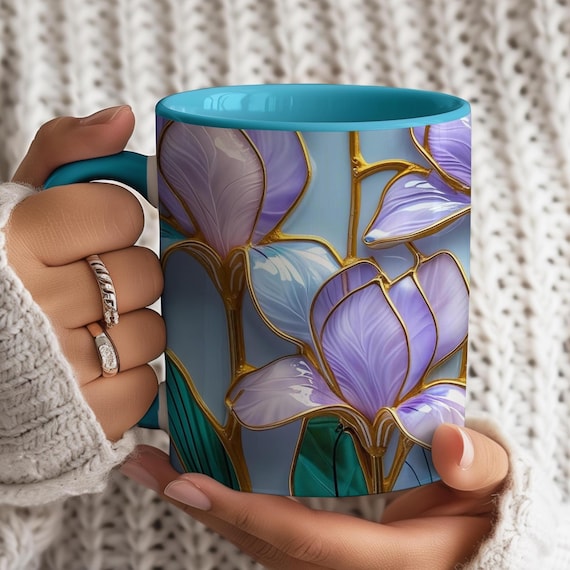 Iris Birth Flower Mug, Iridescent Floral Ceramic Birthday Cup, Botanical Art Gift