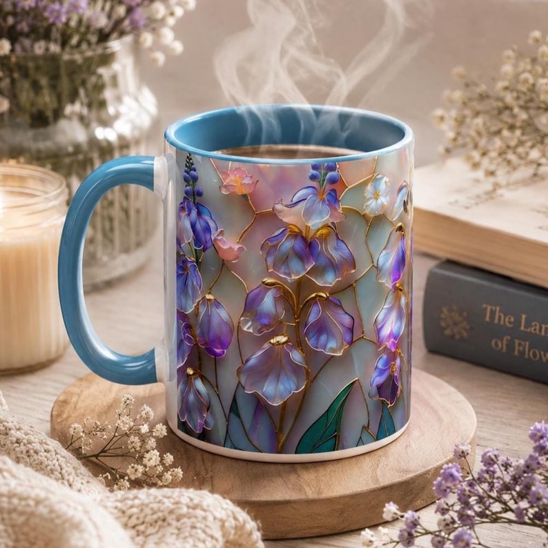 May include: A ceramic mug with a blue handle and rim, featuring a stained-glass style floral pattern of purple and blue flowers with gold outlines. Steam rises from the top of the mug, which is filled with a hot beverage, showcasing a vibrant design.