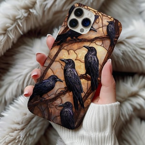 Black Crow Raven Stained Glass Phone Case Artful Aesthetic Moon