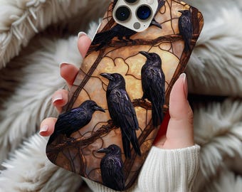 Gothic Raven Stained Glass iPhone Case, Witchy Celestial Design