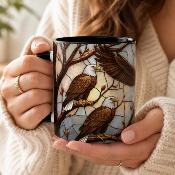 Stained Glass Bald Eagle Mug, Patriotic Coffee Mug, American Eagle Gift, USA Flag Mug, Wildlife Art Cup, Veteran Gift, 4th of July Mug