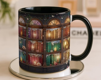 Vintage Bookshelf Stained Glass Mug, Cozy Library Coffee Cup, Book Lover Gift