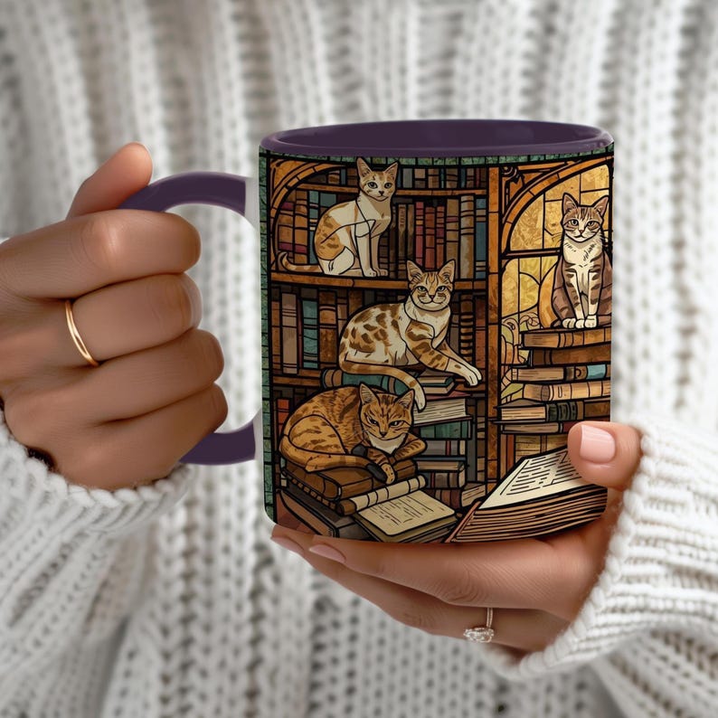 Stained Glass Cat Bookish Mug, Literary Coffee Cup immagine 2
