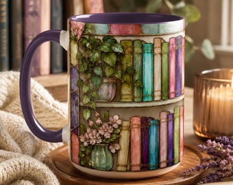 Book Lover Mug | Personalized Bookshelf Coffee Mug, Stained Glass Library Cup, Custom Reader Gift, Bookworm Mug, Bibliophile Gift for Her
