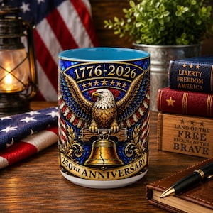 1776-2026 America 250th Anniversary Mug, We The People Patriotic Mug, USA Coffee Cup, Black Dad Gift, Stained Glass Effect 15oz Mug Light Blue Accent